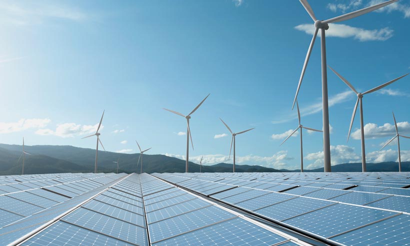 Soft blue Image of wind turbines and solar panels
